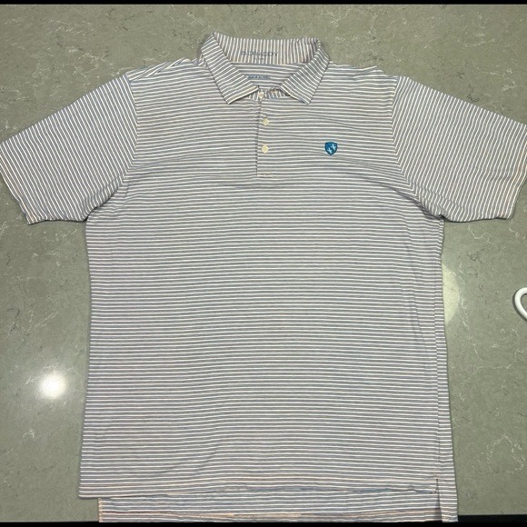 B. Draddy Mens L Polo Shirt Blue Orange Striped Pima Cotton Stretch Short Sleeve